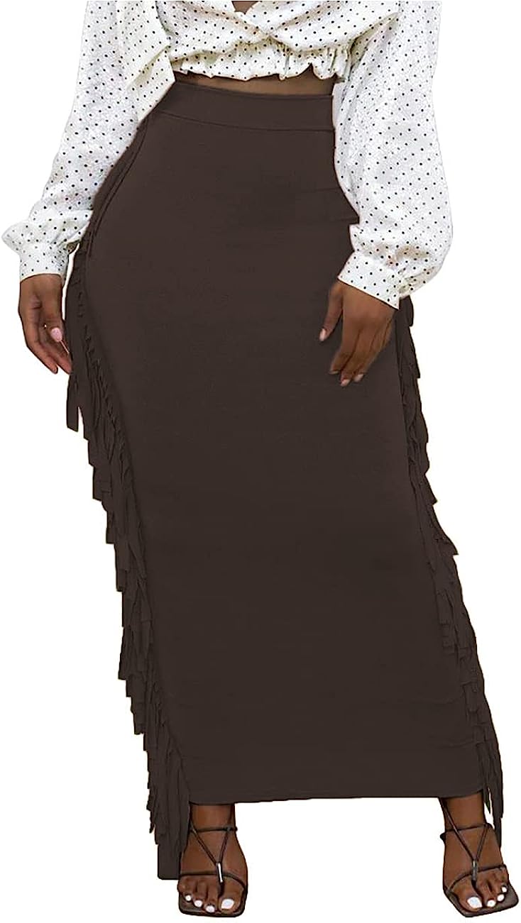 230816043401394_1 Lrady Women's Elastic Waist Slim Bodycon Side Tassels Long Maxi Pencil Skirts - Image 1